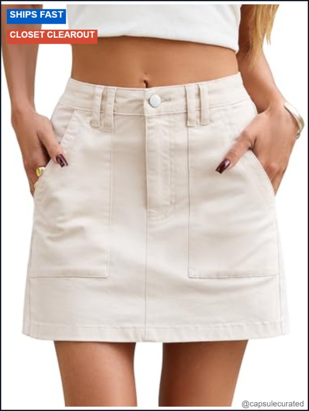 High Waisted Denim Mini Skirt with Pockets Stretch Cotton Casual